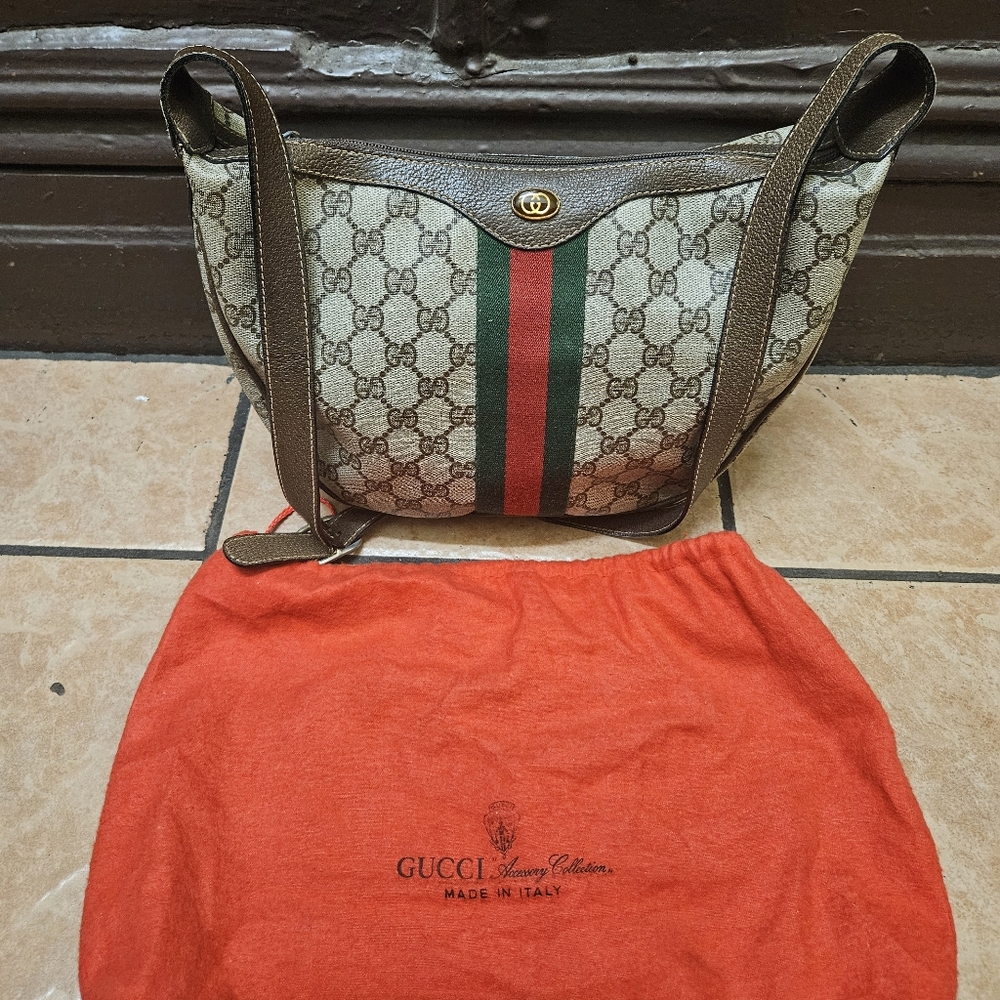 Gucci Beige and Brown Shoulder Bag with Green-Red Stripe